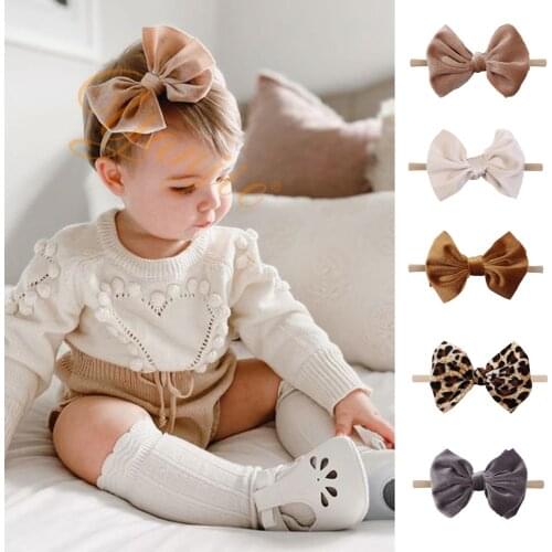 1pc 4.5'' Leopard Velvet Hair Bows Nylon Headband For Girls Newborn Elastic Spring Soft Baby Hair Band Kids New Hair Accessories