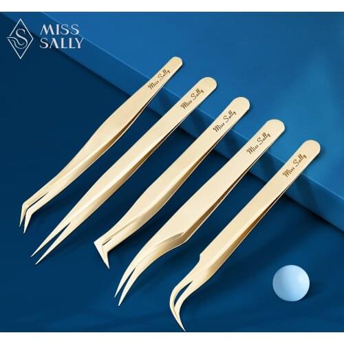 Miss Sally Eyelash Extension Tweezers 5 Types Gold Eyelash Grafting Extension Stainless Steel Tweezer False Lashes Makeup Tools
