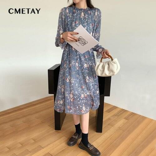 Elegant Retro O Neck Pleated A-line Dress Women Floral Print Chiffon Dresses 2021 Autumn Party Beach Sundress Vestidos Femme