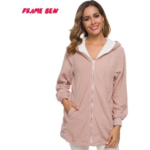 FRAME BEN Women Fleece Hoodies 2019 Autumn Winter Warm Long Sleeve Hooded Sweatshirt Zipper Pocket Lamb Cashmere Plus Size
