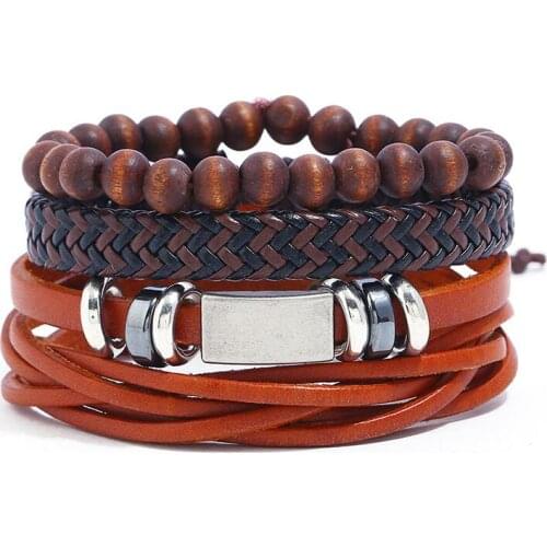 Punk Men Charm Bracelets Vintage Beads Braided Leather Multilayer Handmade Rock Retro Wristband Bangle Male Fashion Jewelry Gift