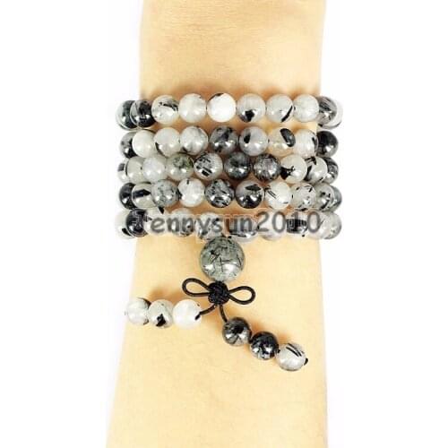 Natural Tourmaline Quartz 8mm Gems Stone Buddhist 108 Beads Prayer Mala Multi-Purpose Stretchy Bracelet Necklace 2 Strands/Pack