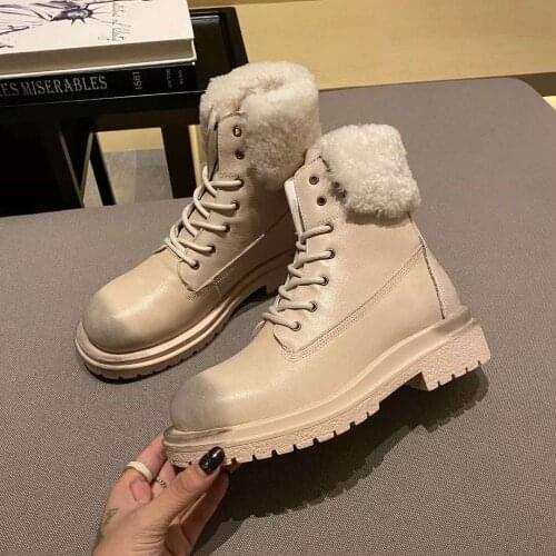 Vallu 2020 winter new leather retro distressed real hair mid-heel non-slip outsole real hair eversion motorcycle boots