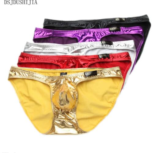 Wholesale Mens Club Underwear Sexy Wet Look Briefs Triangle Pouch Pants Faux Leather Low Waist Underpants Panties 5pcs/Lot New