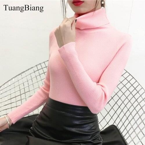2020 Autumn Winter Turtleneck Pullovers Pink Sweater Knit Elasticity Long Sleeve Vintage Sweater Feminino Solid Color Sweaters