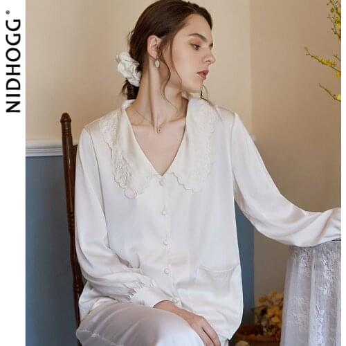 Autumn Retro Palace Pajamas Womens Wave Collar Embroidery Pyjamas Comfortable Exquisite Long-sleeved Trousers Women Set 2 Piece