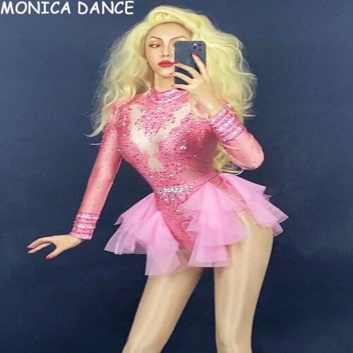 Sexy Nightclub Pink Silver Rhinestone Long Sleeves Bodysuit Birthday Celebrate Prom Outfit Women Dance Singer Party Dance Outfit