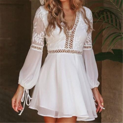 Summer Women V-Neck Long Sleeve Hollow Out Mini Dress Fashion Casual Sexy White Lace High Waist Sundress Beach Vacation Vestido