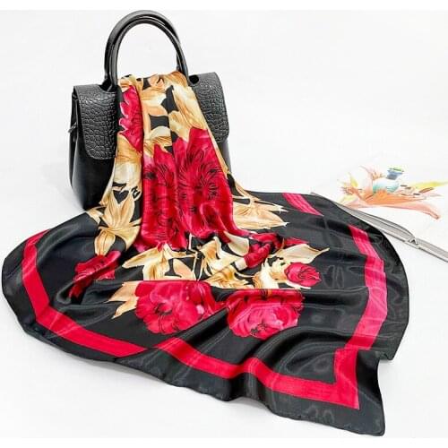 Silk Scarf Womens 2021 New Flower Printed Large Square Scarf Art RETRO Headscarf Satin Shawl Decorate