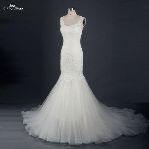 RSW750 New Design Vestidos De Novia Mermaid Ivory And Champagne Sheer Neckline Tulle And Lace Wedding Dress 2015 Bridal Dresses