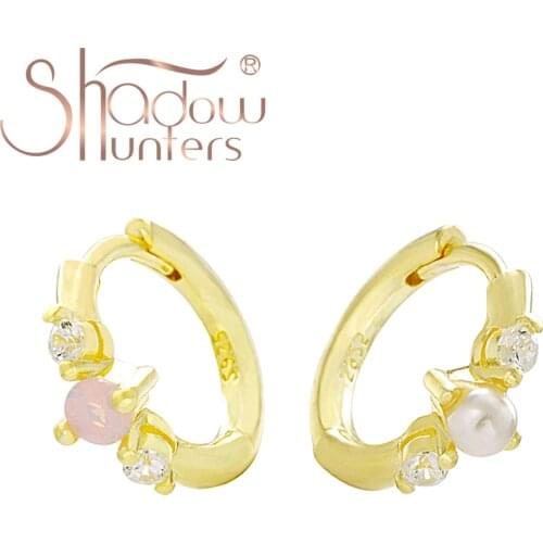 SHADOWHUNTERS Real 925 Silver Pink Opal Earring Gold-Color Pearl Earring Huggies Hoops For Women Romantic Wedding Jewelry Making