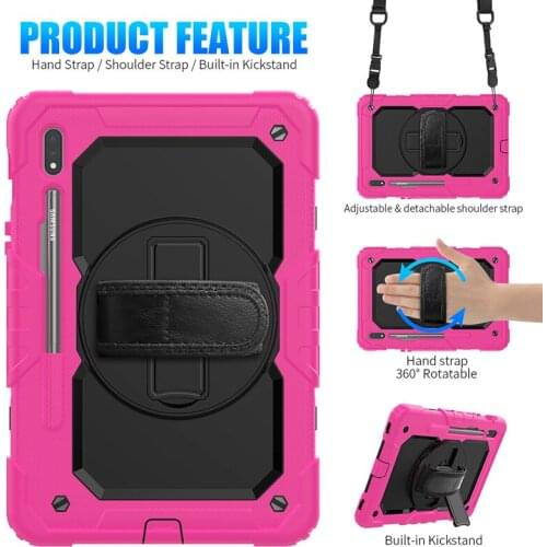 360 Degree Rotatale Stand Shockproof Case for Samsung Galaxy Tab S7 11" T875/T870 Silicone Cover with Shoulder Strap+Pen