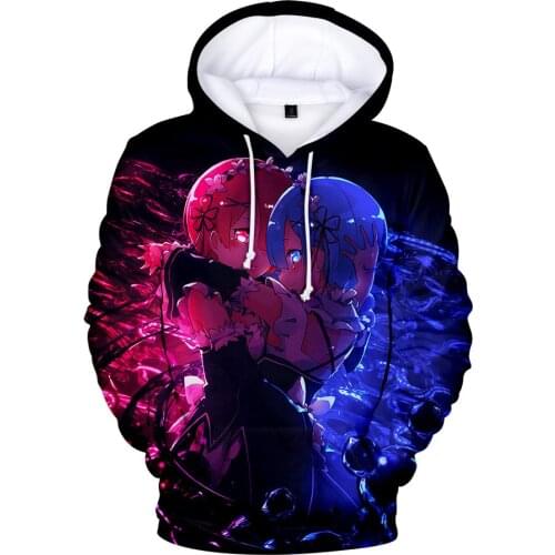 Re Zero Hoodies Sweatshirt for Men Women Ainme Re Zero Hooded Boys Girls Pullover Rem and Ram Japanese 3D Hoodies