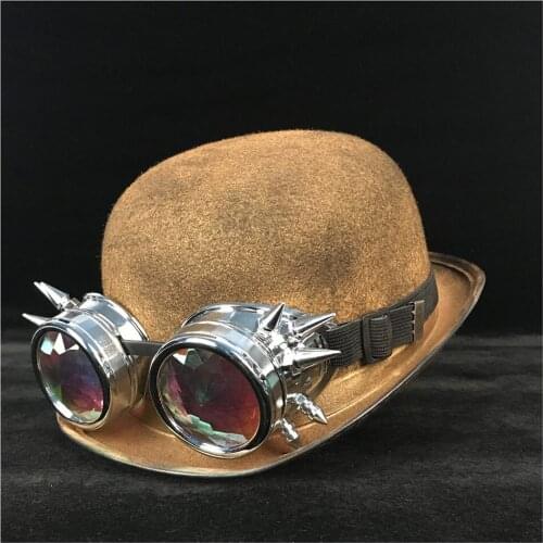 Women Men Steampunk Bowler Hat Retro Lolita Gold Glasses Topper Top Hats Fedora Headwear Cosplay Magician Billycock Groom Hat