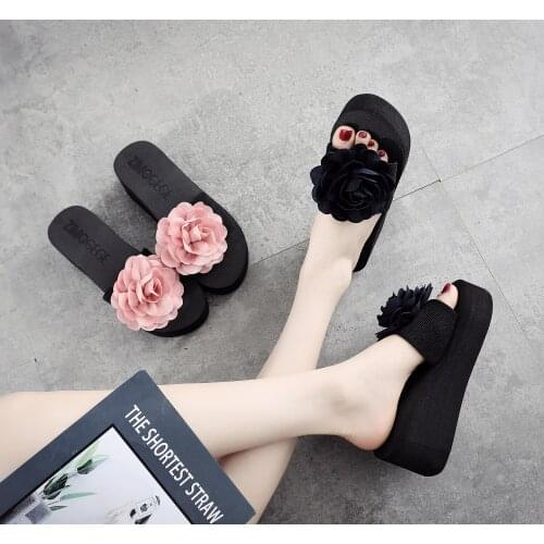 7 Cm High Heel Womens Slippers Female Summer Big Flower Sandals and Slippers Word Slippers Female Thick Bottom Beach Drag Slip
