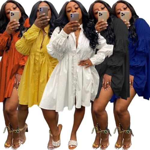 2021 Summer Autumn Dress for Women Sexy Irregular Pleated Loose Solid Single Breasted Casual Flared Skirt Dress Elegant