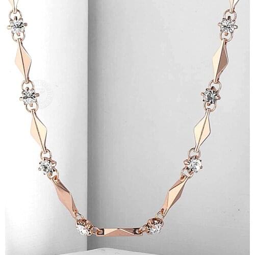 4/5mm Womens Necklace 585 Rose Gold Filled Chain Rhombic Bead Rhinestones Link Leaf Charms GN238