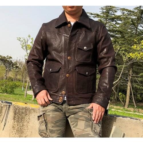Free shipping.Luxury Origin vintage brown Genuine leather jacket.men classic casual natural goatskin coat.quality leather cloth