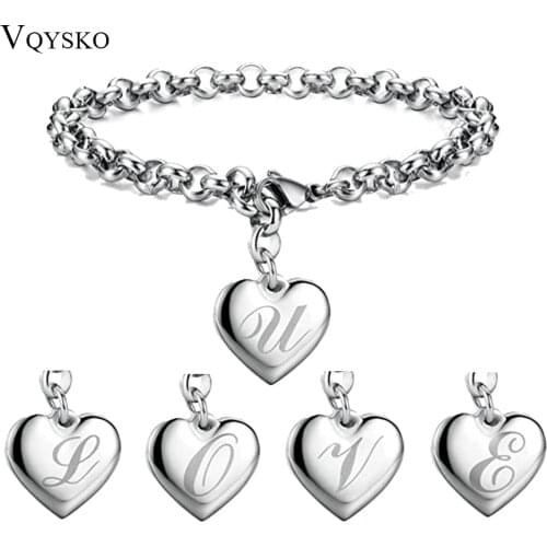 Fashion Summer Initial Charm Alphabet Bracelets Jewelry Stainless Steel Heart 26 Letters Link Bracelet for Women Gifts