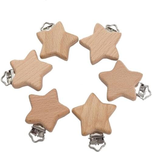 Chenkai 50PCS Wood Five-Pointed Star Clip DIY Organic Eco-friendly Nature Unfinished Baby Pacifier Rattle Grasping Accessories