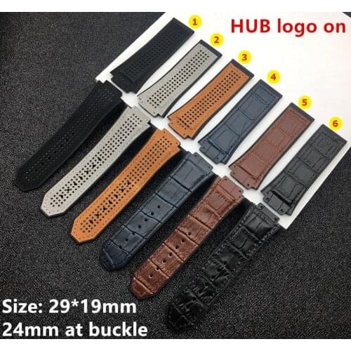 Crazy horse leather 29*19mm Nature rubber silicone watchband watch band strap for Hublot strap 30mm king power HUB logo on