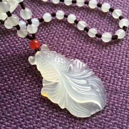 Beautiful Natural White Agate Chalcedony Hand-Carved GoldFish Auspicious Pendant