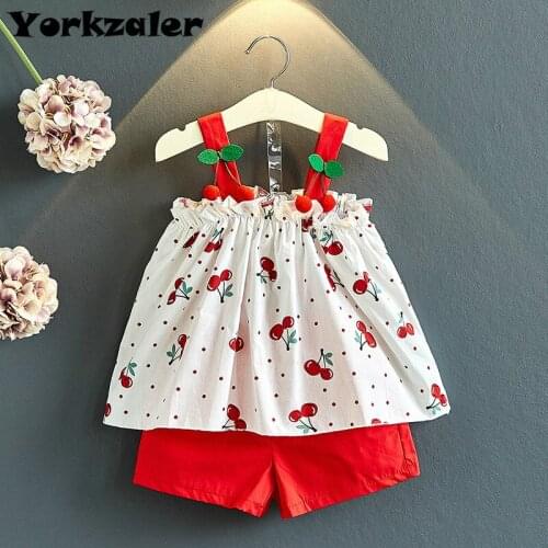 Girls Summer Suit Cherry Printed Sleevelesss Blouse Shirt and Red Shorts 2 Pcs Children Outfits Cute Clothing Set