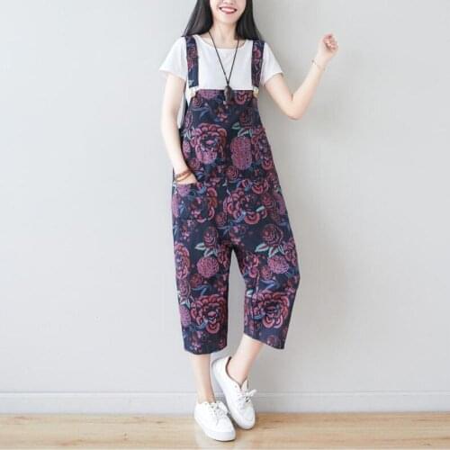 Literary Womens Fashion Floral Print Seven-point Jumpsuit National Style New Adjustable Cotton Linen Loose Trousers