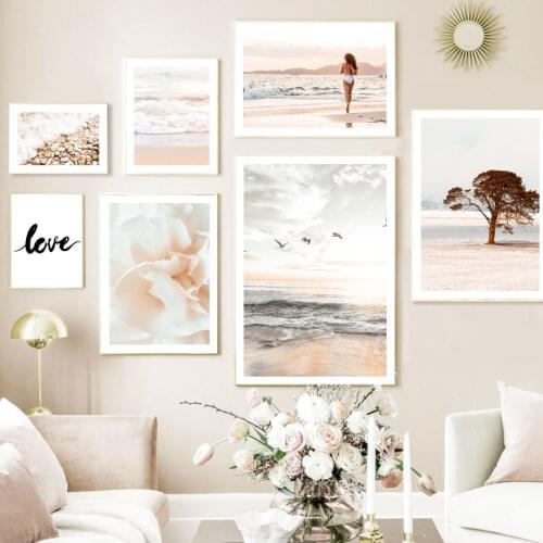 Sea Beach Flower Girl Tree Stone Quotes Wall Art Canvas Painting For Living Room Decor Nordic Posters And Prints Wall Pictures
