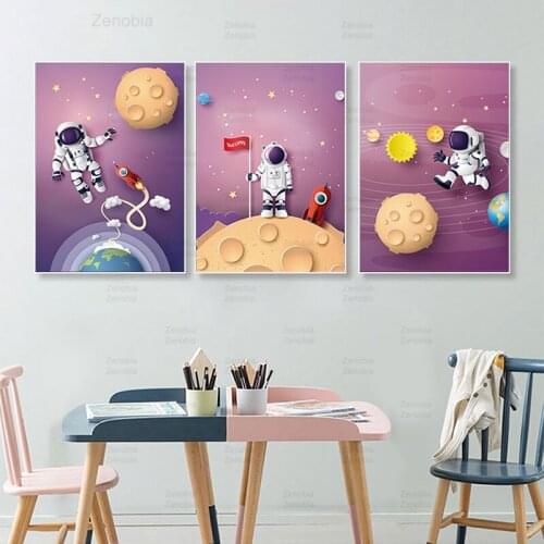 Cartoon Milky Way Canvas Painting Rockets Astronaut Modern Posters and Prints Wall Art Picture for Kids Bedroom Home Decoration