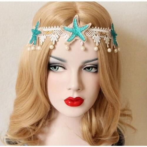 New arrival womens starfish chain hairbands with beads party girls white lace headband hair accessories