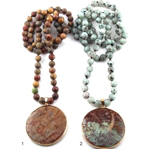 New Fashion Bohemian Jewelry Blue Natural Stone Knotted Multicolor Stone Round Pendant Women Necklaces Free Shipping