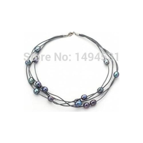 Wholesale Pearl Jewelry 10-11MM Black Freshwater Pearl Necklace On Grey Leather Jewelry Free Shipping