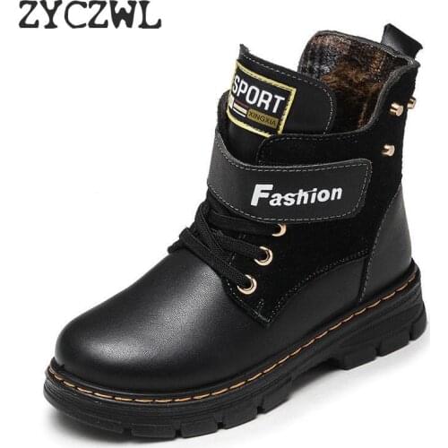 Autumn Winter Kids Boots for Boys Shoes Fashion Mid-Calf Snow Boots Genuine Leather Plush Warm Waterproof Children Martin Boots