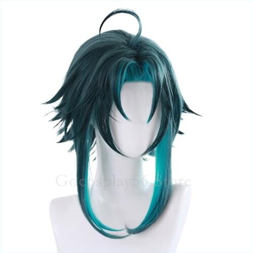 Genshin Impact Xiao Cosplay Wig Mixed Dark Green Short Hair Middle Part Heat Resistant Adult Halloween Role Play