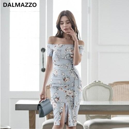 DALMAZZO Fashion High Waist Summer Dress Women Slash Neck Strapless Slim Sexy Package Hip Knee Length Dresses Vestidos Female