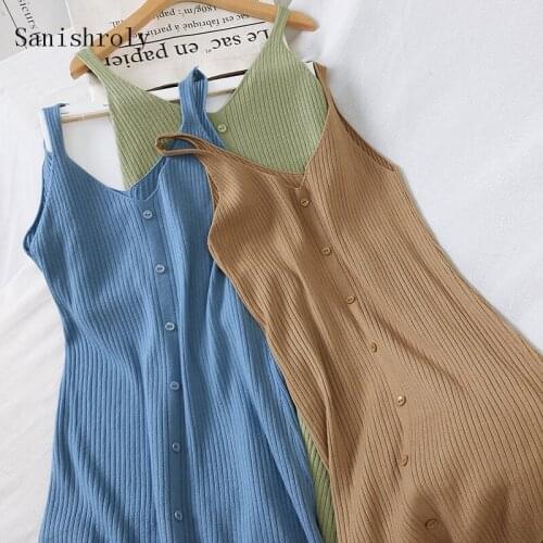 Sanishroly Autumn Women Spaghetti Strap Dresses Sexy V-Neck Long Knitted Dress Female A-Line Sleeveless Tank Dress Vestidos C042