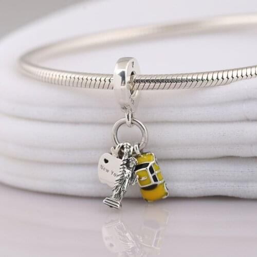 S925 Silver Pendant Bead Charm for Women Bracelet Bangle New York Highlights Dangle Charm Black & Yellow Enamel