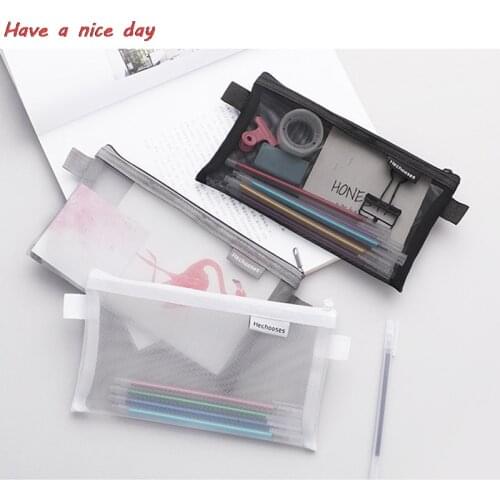 Transparent Mesh Student Portable Pencil Case Capacity Zippered Document Bag