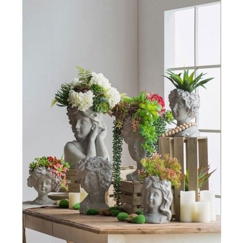 Vintage art cement portrait girl sculpture flower pot creative garden outdoor garden soil potted decorative flower pot