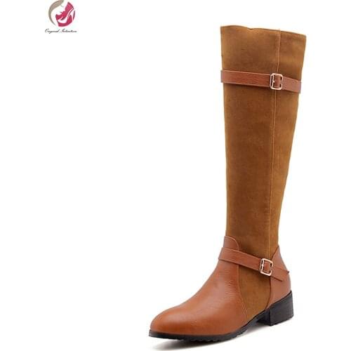 Original Intention Stylish Knee High Boots Woman Flock Black 2 Buckles Mid Heels Comfort Shoes Woman Plus Size Belt Boots