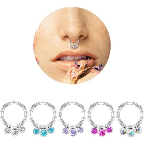 1PC Steel Septum Clicker 3 Gems Segment Nose Hoop Rings Ear Helix Conch Daith Piercing Earring Body Jewelry Round Nipple Ring