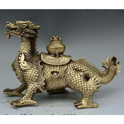 10" Rare Chinese Dynasty Palace Brass FengShui Animal Wealth Dragon Beast Statue