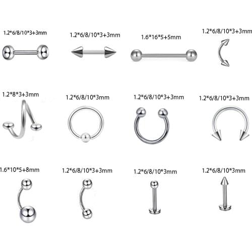 5pcs Mixed Styles Stainless Steel Eyebrow Navel Belly Lip Tongue Nose Piercing Bar Ring Labret Barbell Tunnel Body Jewelry