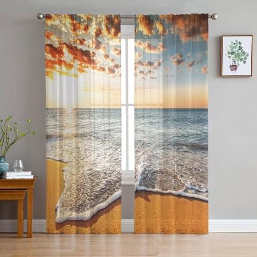 Abstract Sunset Beach Summer Sea Tulle Sheer Window Curtains for Living Room Kitchen Children Bedroom Voile Hanging Curtain