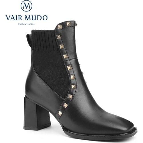 VAIR MUDO Ankle Boots Shoes High Heels Work & Safety Concise Square Toe Black Brown Genuine Leather Elegant Fashion Boot DX77L