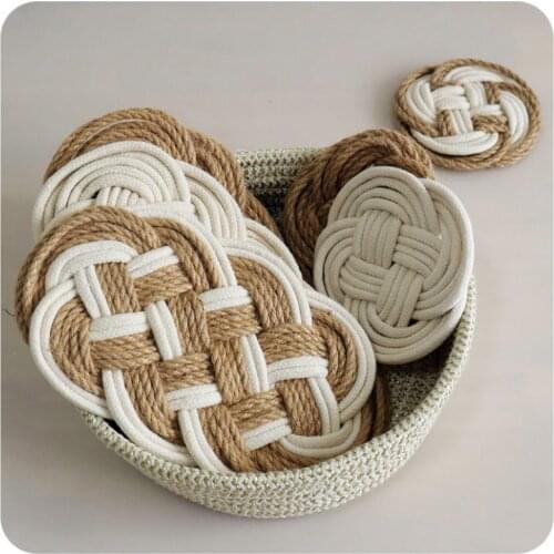 Boho Decor Table Coaster Mats Hemp Rope Vintage Handmade Cotton Table Pads Pastoral Coasters for Dinning Kitchen Accessories