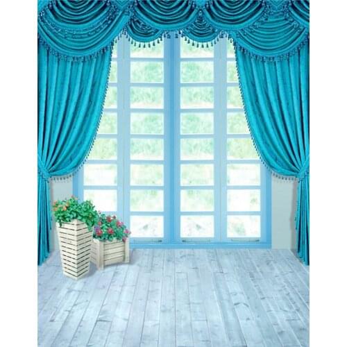 5x7ft Wooden Floor Blue Curtain Flowers Photography Backdrops Photo Props Studio Background