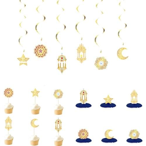 EID Mubarak Banner DIY Cake Toppers Star Moon Cupcake Pendant Ramadan Decoration Islamic Muslim Party Supplies