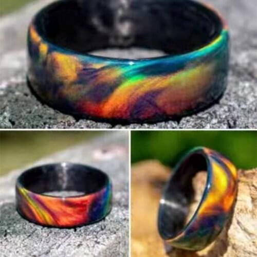 Exquisite Fashion Black Fire Opal Ring Natural Rainbow Opal Band Carbon Fiber Lining Iridescent Color Changing Opal Rings